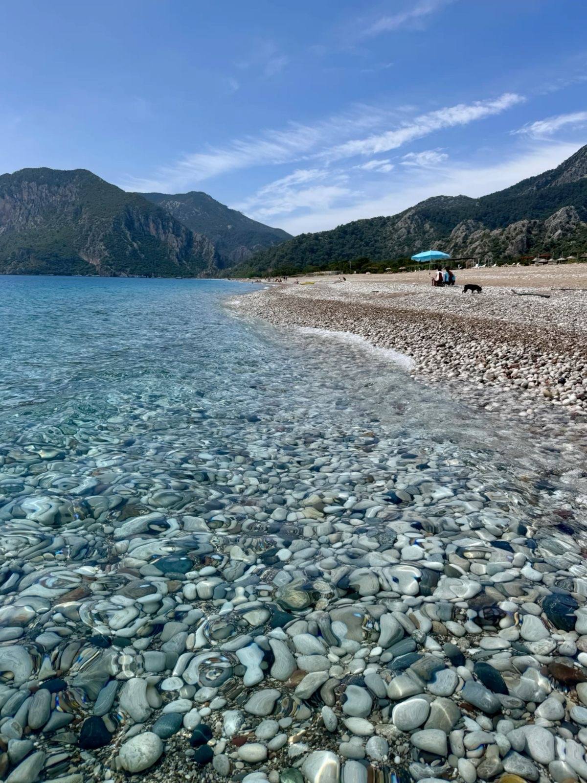 Прозрачная вода и галечный берег Чиралы на фоне гор Ликийского Олимпа